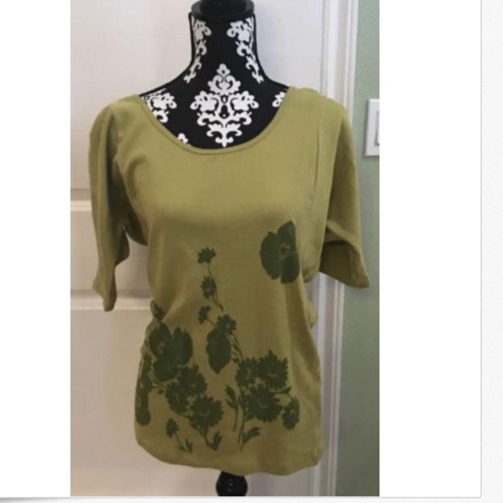 Free People Olive Green Floral Scoop Tee Top NWT